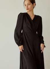 Elegant Wrap V-Neck Linen Dress with Long Sleeves and Flared Hem for Effortless Style