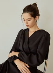 Elegant Wrap V-Neck Linen Dress with Long Sleeves and Flared Hem for Effortless Style