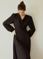 Elegant Wrap V-Neck Linen Dress with Long Sleeves and Flared Hem for Effortless Style