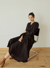 Elegant Wrap V-Neck Linen Dress with Long Sleeves and Flared Hem for Effortless Style