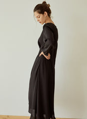 Elegant Wrap V-Neck Linen Dress with Long Sleeves and Flared Hem for Effortless Style