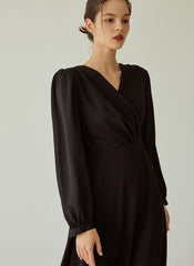 Elegant Wrap V-Neck Linen Dress with Long Sleeves and Flared Hem for Effortless Style