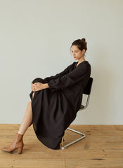Elegant Wrap V-Neck Linen Dress with Long Sleeves and Flared Hem for Effortless Style