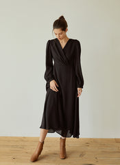 Elegant Wrap V-Neck Linen Dress with Long Sleeves and Flared Hem for Effortless Style