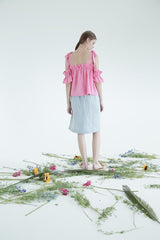 Ruffled Open-Back Linen Blouse With Gingham Pattern And Waist Tie Detail