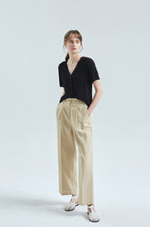High-Rise Straight-Leg Linen Pants for Women with Elastic Waistband and Tailored Pleats