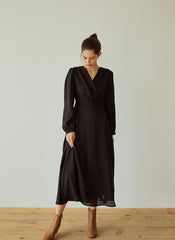 Elegant Wrap V-Neck Linen Dress with Long Sleeves and Flared Hem for Effortless Style