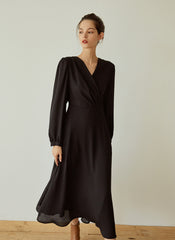 Elegant Wrap V-Neck Linen Dress with Long Sleeves and Flared Hem for Effortless Style