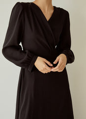 Elegant Wrap V-Neck Linen Dress with Long Sleeves and Flared Hem for Effortless Style