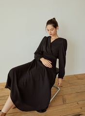 Elegant Wrap V-Neck Linen Dress with Long Sleeves and Flared Hem for Effortless Style