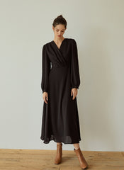 Elegant Wrap V-Neck Linen Dress with Long Sleeves and Flared Hem for Effortless Style