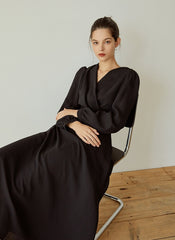 Elegant Wrap V-Neck Linen Dress with Long Sleeves and Flared Hem for Effortless Style
