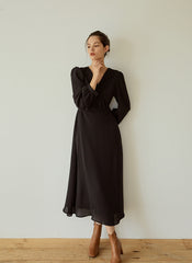 Elegant Wrap V-Neck Linen Dress with Long Sleeves and Flared Hem for Effortless Style
