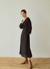 Elegant Wrap V-Neck Linen Dress with Long Sleeves and Flared Hem for Effortless Style
