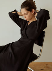 Elegant Wrap V-Neck Linen Dress with Long Sleeves and Flared Hem for Effortless Style