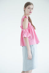 Ruffled Open-Back Linen Blouse With Gingham Pattern And Waist Tie Detail
