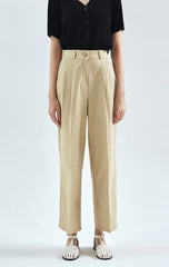 High-Rise Straight-Leg Linen Pants for Women with Elastic Waistband and Tailored Pleats