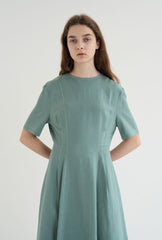 Short Sleeve Linen Blend Midi Dress with Tailored Seams and Flared Hemline Design