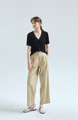 High-Rise Straight-Leg Linen Pants for Women with Elastic Waistband and Tailored Pleats
