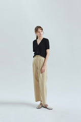 High-Rise Straight-Leg Linen Pants for Women with Elastic Waistband and Tailored Pleats