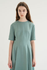 Short Sleeve Linen Blend Midi Dress with Tailored Seams and Flared Hemline Design