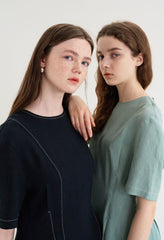 Short Sleeve Linen Blend Midi Dress with Tailored Seams and Flared Hemline Design