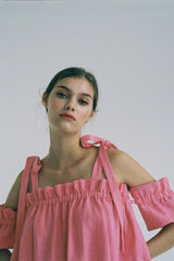 Ruffled Open-Back Linen Blouse With Gingham Pattern And Waist Tie Detail