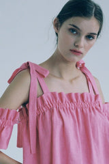 Ruffled Open-Back Linen Blouse With Gingham Pattern And Waist Tie Detail