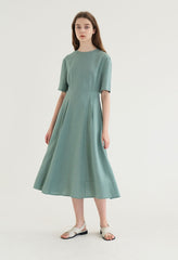 Short Sleeve Linen Blend Midi Dress with Tailored Seams and Flared Hemline Design
