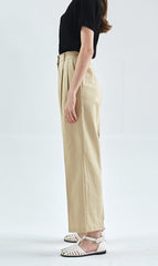 High-Rise Straight-Leg Linen Pants for Women with Elastic Waistband and Tailored Pleats