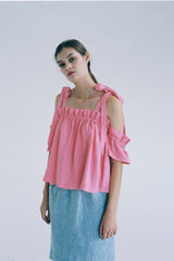 Ruffled Open-Back Linen Blouse With Gingham Pattern And Waist Tie Detail