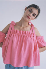 Ruffled Open-Back Linen Blouse With Gingham Pattern And Waist Tie Detail