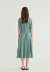 Short Sleeve Linen Blend Midi Dress with Tailored Seams and Flared Hemline Design