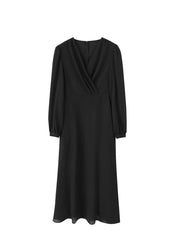 Elegant Wrap V-Neck Linen Dress with Long Sleeves and Flared Hem for Effortless Style