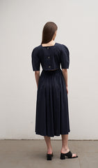 Women's Linen Puff Sleeve Midi Dress – Round Neck A-Line Dress with Button Back Detail