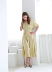 Belted Button-Down Midi Linen Dress with Short Sleeves and V-Neckline