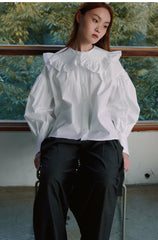 Cotton Poplin Shirt with Ruffled Oversized Collar and Voluminous Puff Sleeves