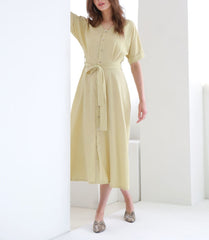 Belted Button-Down Midi Linen Dress with Short Sleeves and V-Neckline