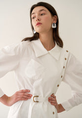 Asymmetric Button-Detail Linen Dress with Belted Waist and Puff Sleeves