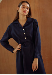 Long Sleeve Silk Midi Dress with Waist Tie, V-Neckline, and Elegant Button-Front Detail