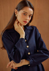 Long Sleeve Silk Midi Dress with Waist Tie, V-Neckline, and Elegant Button-Front Detail