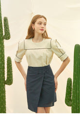 Asymmetric Wrap High-Waist Skirt in Linen Fabric with Minimalist Button Detail
