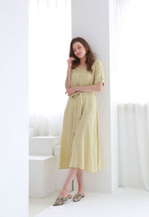 Belted Button-Down Midi Linen Dress with Short Sleeves and V-Neckline