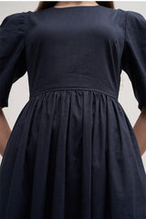 Women's Linen Puff Sleeve Midi Dress – Round Neck A-Line Dress with Button Back Detail