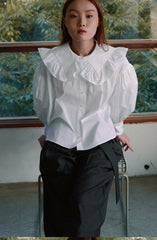 Cotton Poplin Shirt with Ruffled Oversized Collar and Voluminous Puff Sleeves
