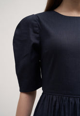 Women's Linen Puff Sleeve Midi Dress – Round Neck A-Line Dress with Button Back Detail