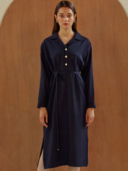 Long Sleeve Silk Midi Dress with Waist Tie, V-Neckline, and Elegant Button-Front Detail