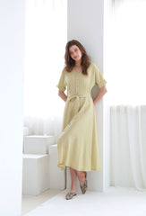 Belted Button-Down Midi Linen Dress with Short Sleeves and V-Neckline