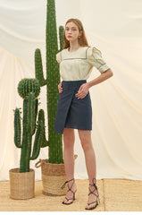 Asymmetric Wrap High-Waist Skirt in Linen Fabric with Minimalist Button Detail