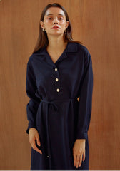 Long Sleeve Silk Midi Dress with Waist Tie, V-Neckline, and Elegant Button-Front Detail